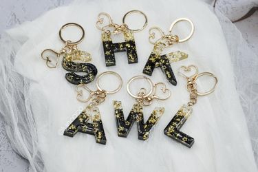 Custom Resin Initial Black Gold Star Keychain, Initial Letter Keychain