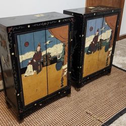 2 Hand Painted Chinese Lacquer Cabinets, Curio Values At $1000 Pair 