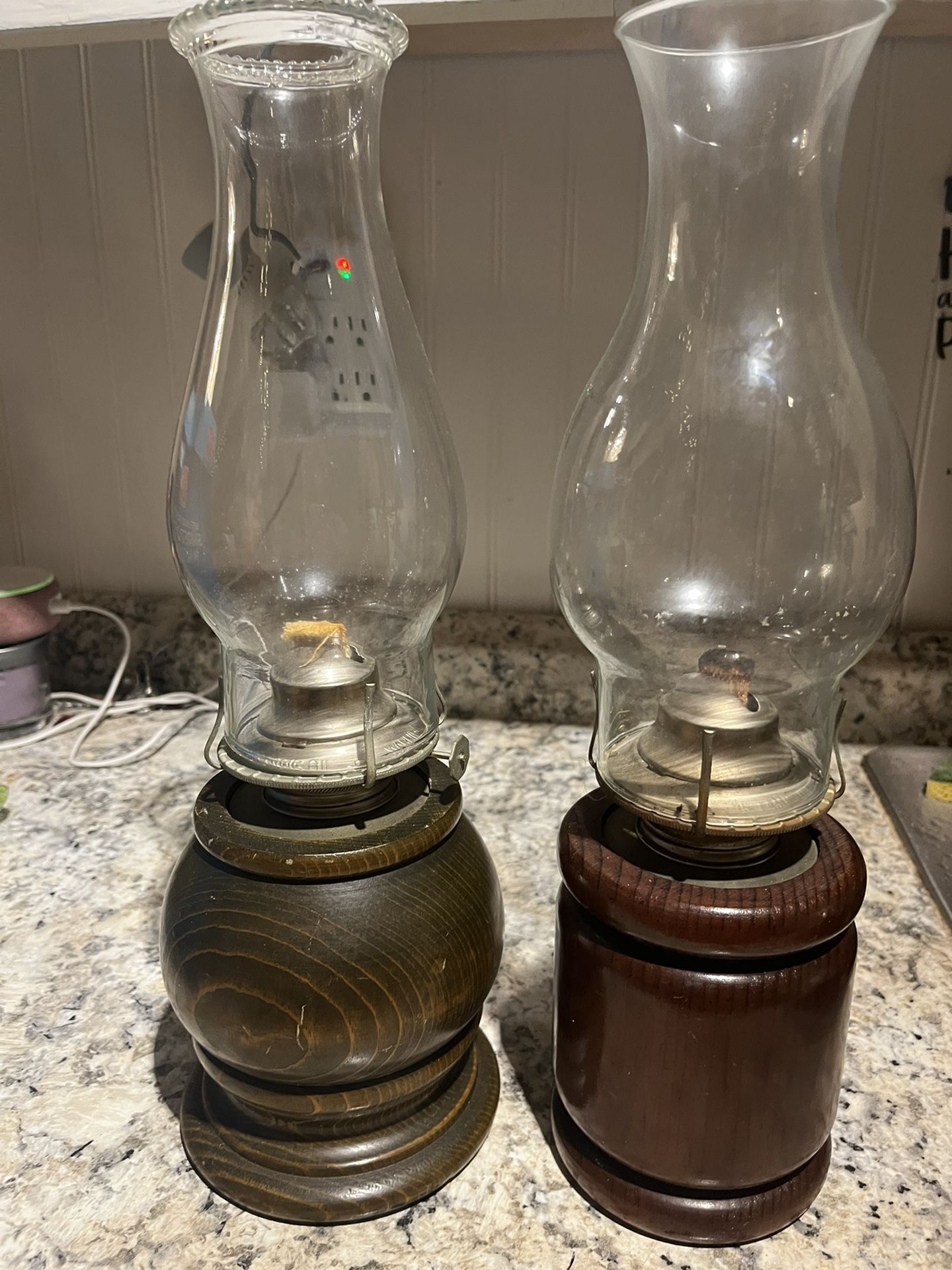 Set Of 2 Wood & Glass  Antique Hurricane Lamps