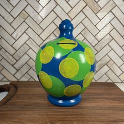 Yellow & Green & Blue Spotted Polka Dot Retro Style Pottery Savings Bank 7.5"