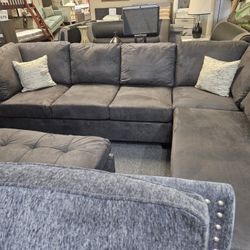 Brand New 112" x 85" Gray Microfiber Reversible Sectional + Ottoman