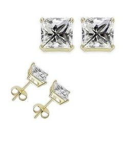 4 Ct 8 MM Princess White CZ 925 Sterling Silver Yellow Gold Plated Stud Earrings