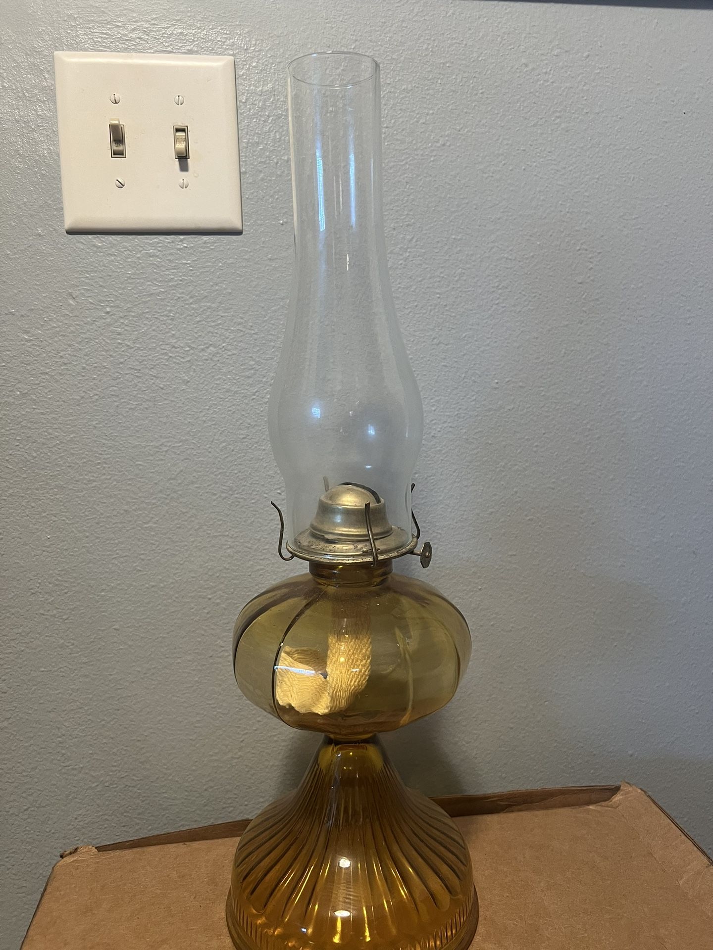 Vintage Heavy Amber Glass Oil Lamp With Eagle Burner & Clear Glass Chimney