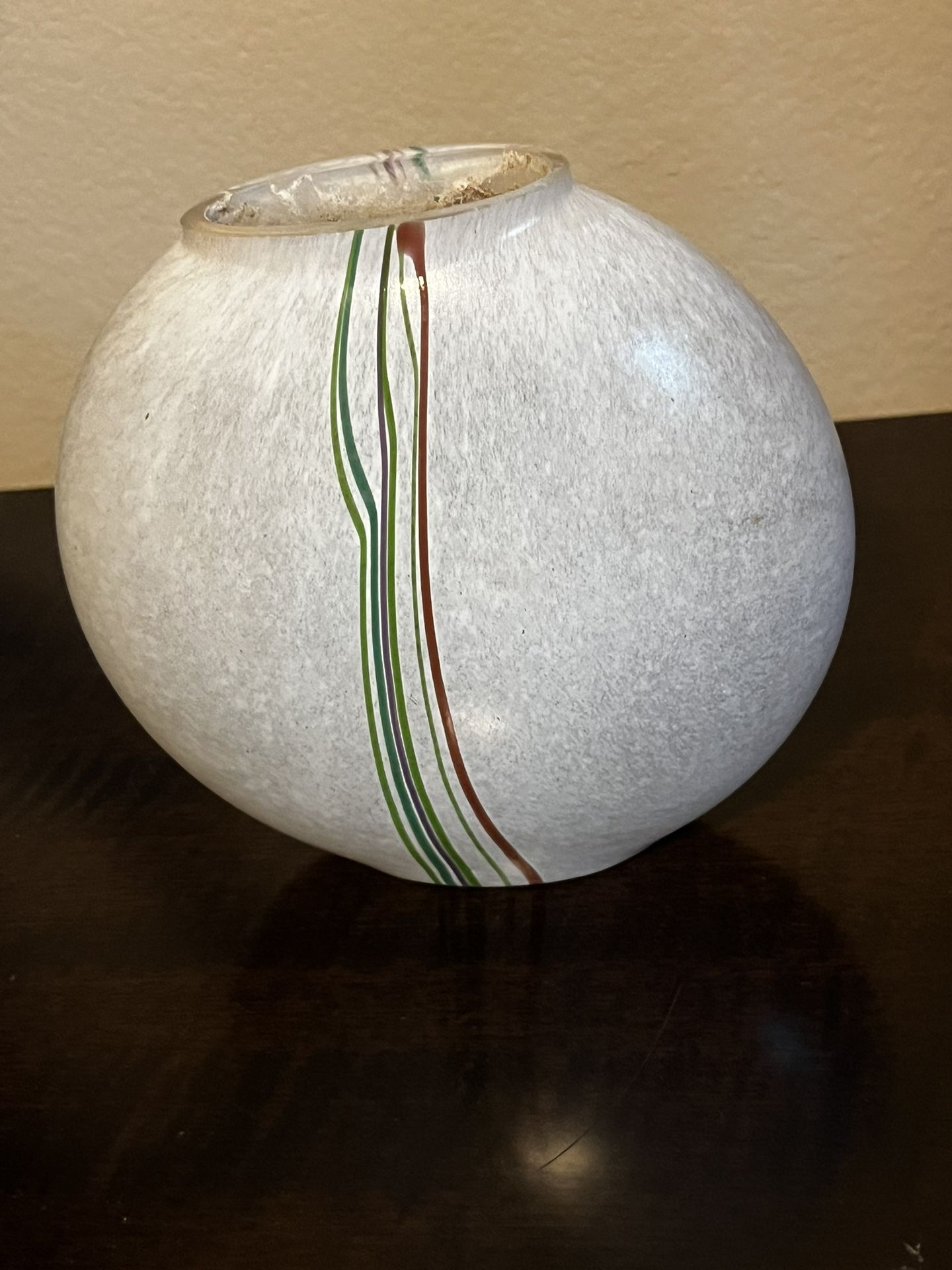 Hand Blown White Glass Vase Strands Of Colors Signed Bertl Valien By Kosta Boda
