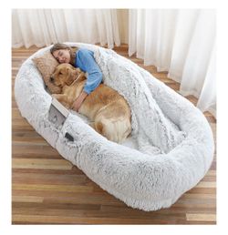 WROS Human Dog Bed - 71"x45"x12" Fits You & Pets, Washable Faux Fur, Orthopedic, Plump Pillow, Blanket, Strap - Grey