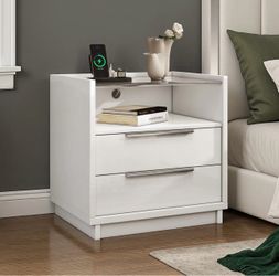 New Two drawer high glass nightstand with glass table top, with charging station. Brand new condition.