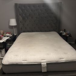 Queen Gray Upholstered Tufted Bed Frame and Mattress (Great Condition)