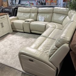 6 Piece Leather Recliner Sectional, Sofa, Couch. Beige