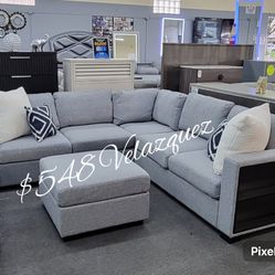 ✅️4 pc grey boucle fabric upholstered sectional sofa with storage arms and ottoman✅️✅️