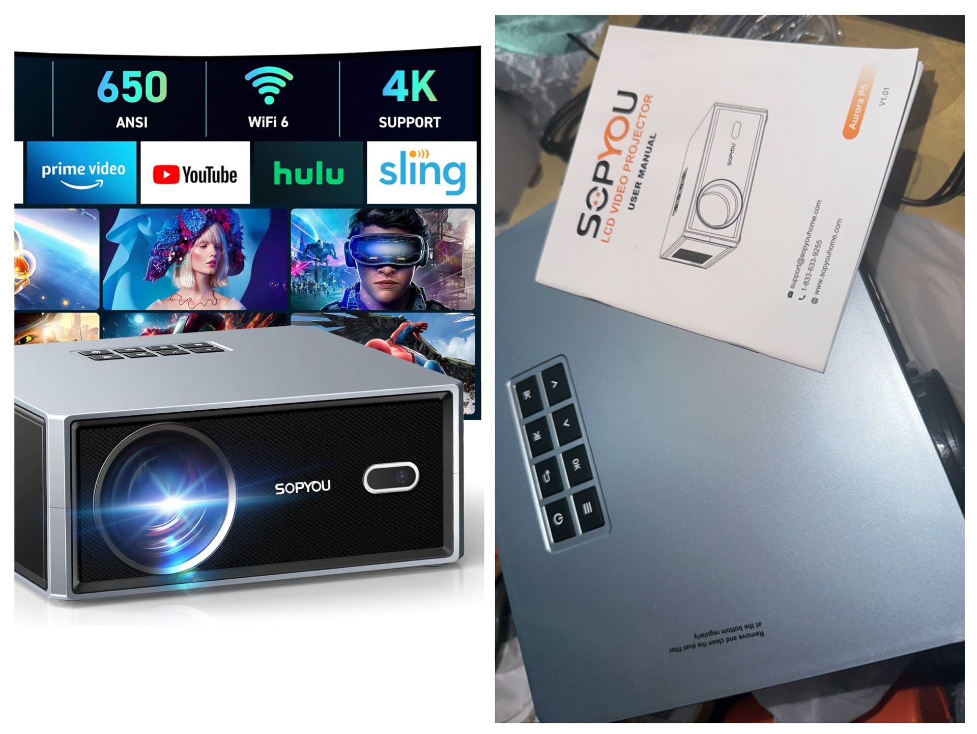 Open Box New Electric Focus/Auto Keystone] Projector with WiFi and Bluetooth, Native 1080P 4K Support Outdoor Movie Projectors Max 450" Display, SOPYO