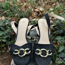 H&M Black Block Heels With Gold Chains