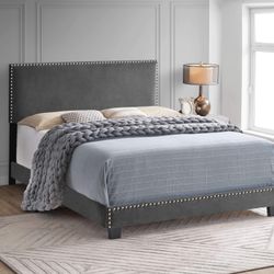 Brand New Full Size Grey Velvet Nailhead Bed Frame With New Mattress/Fast Delivery