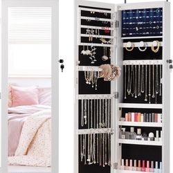 DUMOS 6 LEDs Mirror Jewelry Cabinet, Wall or Door Mounted Jewelry Organizer, 47.2-Inch Tall Lockable Large Capacity Cosmetic Storage, Gift Idea