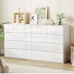 10 Drawer White Dresser for Bedroom, 55" Long Dresser Chest of Drawers, Large High Gloss Modern Storage Cabinet with Big Drawers Handle Free, Living R
