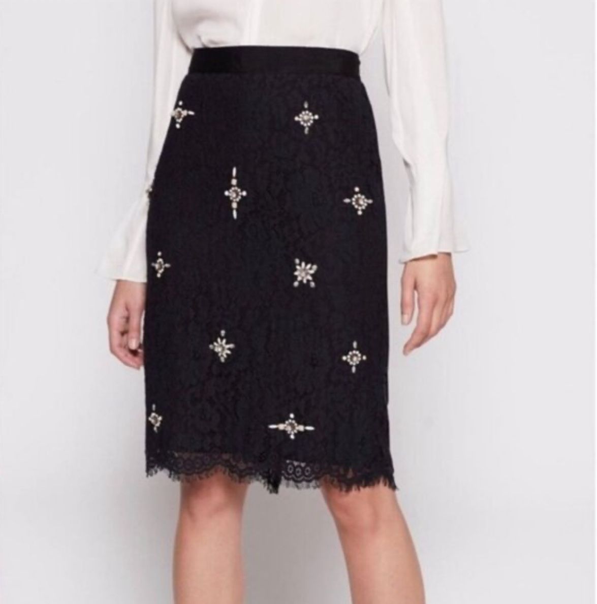 JOIE Black Lace ORTALLY Jewel Embellished Pencil Skirt Size 8 NWT $298