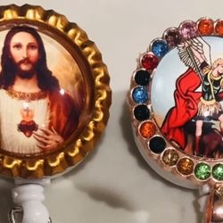 Jesus + Angel Saint Michael HEALER of Sick Nurse ID badge reel holders Swivel