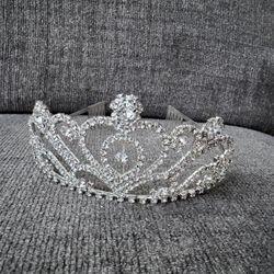 Silver Rhinestone Heart Tiara Crown Comb Pin For Wedding Pageant Quinceañera