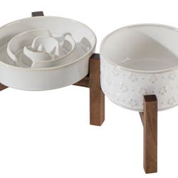Ceramic 1.2 Cup Raised Slow Feeder Dog Bowl Set
