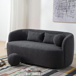 KINWELL 68-Inches Boucle Upholstered Loveseat 2 Deeper Seat Sherpa Sofa Couch with 4 Toss Pillows for Small Spaces Apartment Living Room, Charcoal