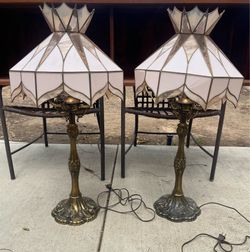 Pair of Stunning Vintage Brass & Stained Glass Dusty Rose Pink Lamps