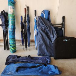 large umbrellas, beach chairs, with carrying cases, 10 each