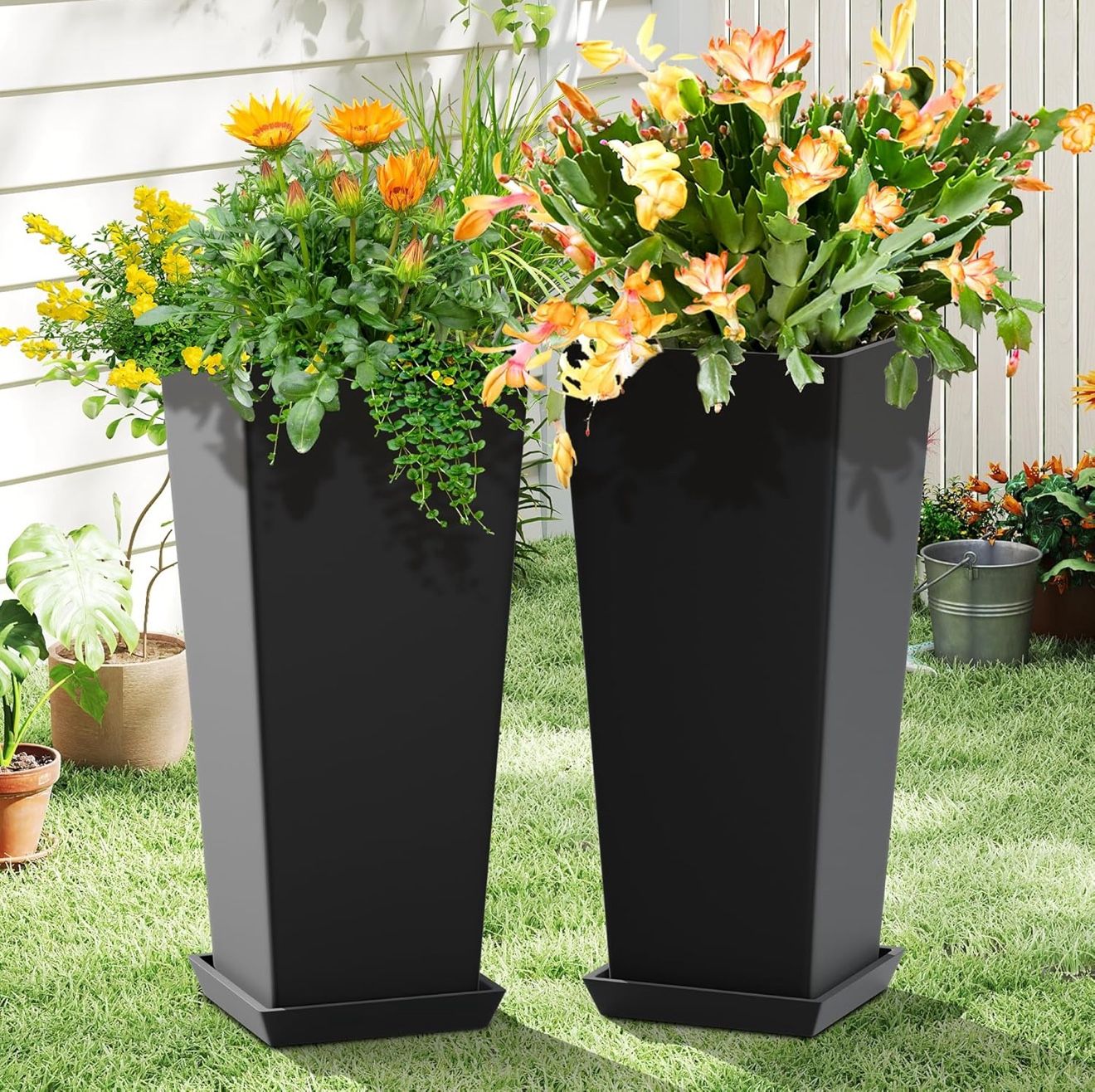 Set of 2 Tall Planters for Outdoor Plants, 24 Inch Large Tapered Pots with Drainage Trays, Weather-Resistant Plastic Plant Containers for Patio, Porch