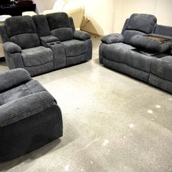 3PC Gray Living Room Recliner Sofa Set