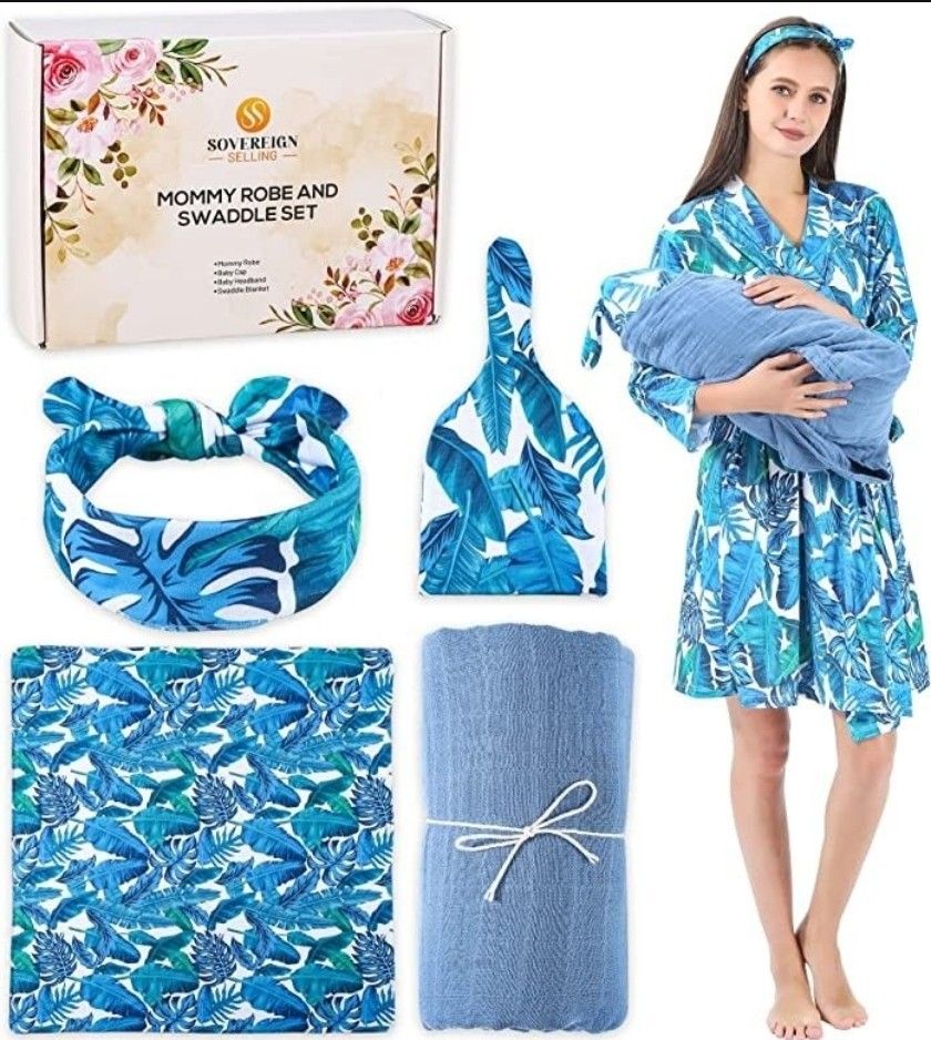Mommy Robe and Baby Swaddle Set – 5-Pcs Mom and Baby Matching Outfits with Mom Robe, Swaddle Blanket, Baby Hat – Cute Maternity Robe and Matching Baby