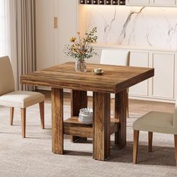 Roesler Brown Wood 31 in. 4 Legs Square Dining Tabl e Seats 4 Small Kitch en Table with Shelf Storage Compact Dinn er Table