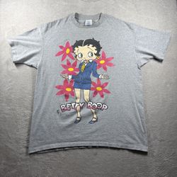 Vintage 1998 Y2k Era Large Print Betty Boop Flower Men’s 2XL Gray T-Shirt #3C