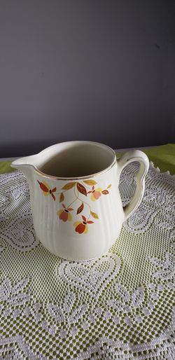 Vintage Hall's Superior Quality Kitchenware Autumn Leaf Tea Pitcher 6"x 7" tall Tested and Approved by Mary Dunbar Jewel Home Makers Institute