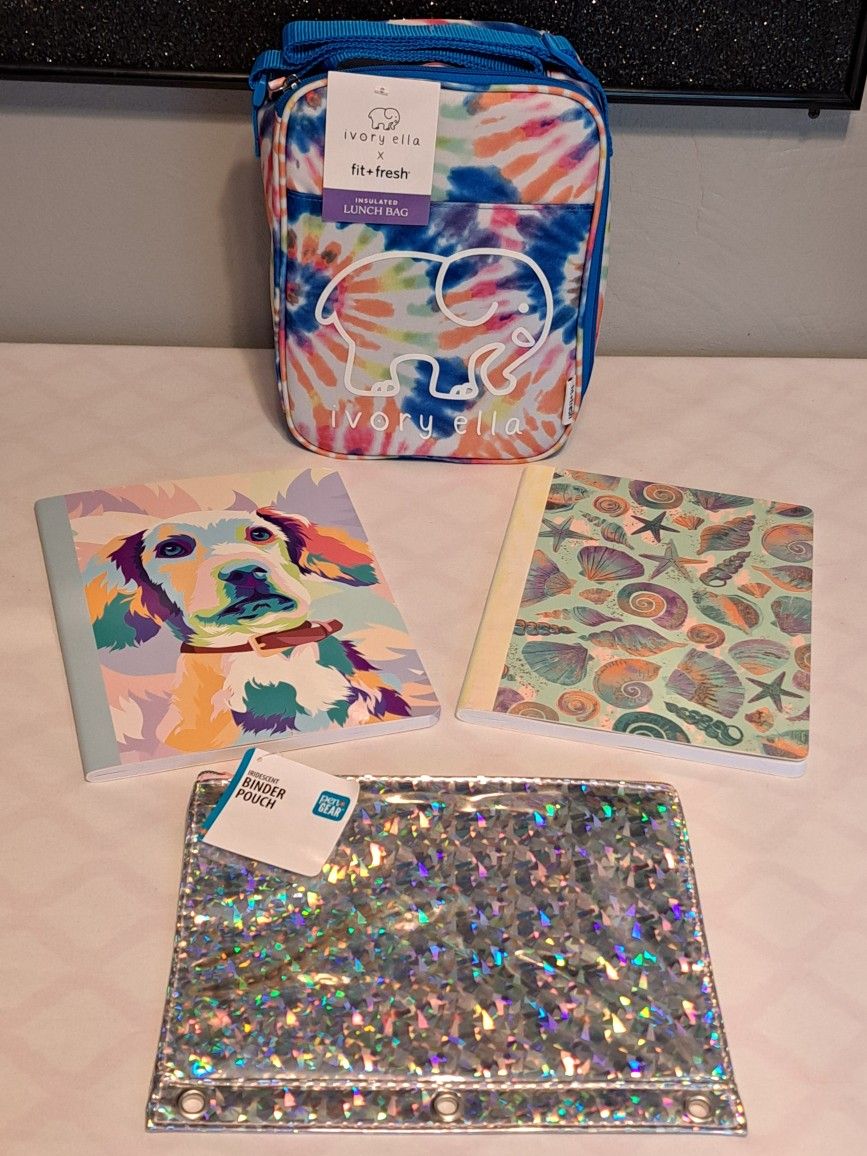 School Supplies Girls Bundle Elephant Lunch Bag Iridescent Binder Pouch Composition Notebooks New