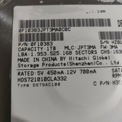 Hitachi 1TB Desktop Hard drive 7200RPM - Tested and Good Condition