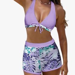 s Women's Bikini Sets 2 Piece Tropical Print Swimsuit Halter Top & Boy Short Bathing Suit