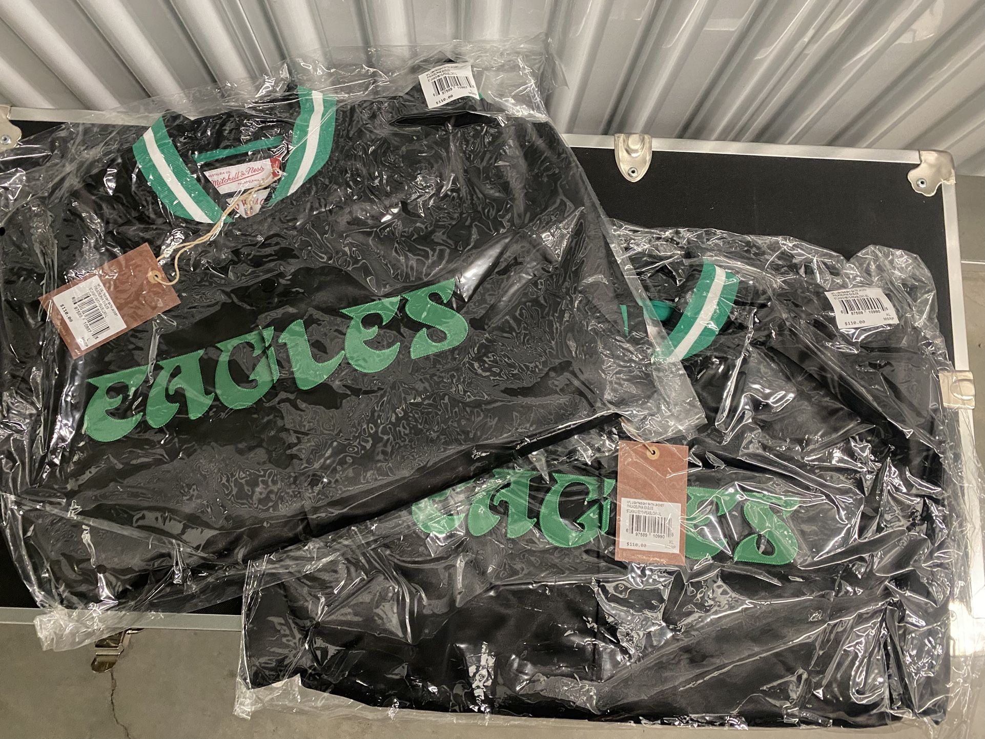 NEW Philadelphia Eagles Varsity Black Satin Jacket by Mitchell & Ness, Sticker Patch
