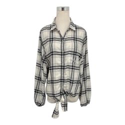 American Eagle Women's Tie-Front Flannel Cream w/ Black Plaid Oversized Size M