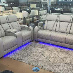 Power Recliners and Headrest, Massage, Wireless & Manual Chargers, LED & Reading Lights On Both Sofa & Loveseat