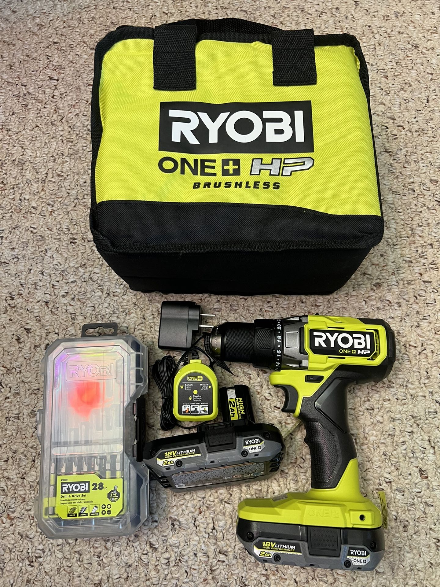 *NEW* Ryobi 18V One+ HP High performance 1/2” Brushless Drill Kit With (2) 2.0Ah HP batteries