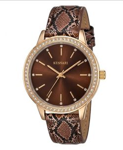 Brand New Kessaris Women's Fashion Watch – Brown Dial, Crystal Bezel, Snakeskin Strap