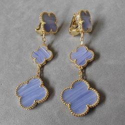 VCA Earrings Baby Blue 3 Motif 18k Yellow Gold Plated 