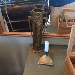 Brass Craftsman Art Nuveau 12 In Vase Embosed Floral Design With Handles Marked Made In England