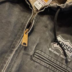 "FRISCO"  Vtg Hooded Carhartt Jacket - Black Distressed Detroit Canvas, Sherpa Lined