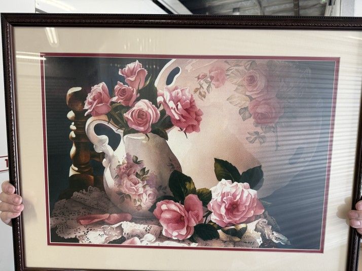 Pink Rose Floral Scene Framed Art