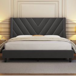 Queen Bed Frame with Chevron Channel-Tufted Headboard, Dark Gray