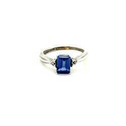 10k White Gold Synthetic Blue Sapphire Diamond Accent Emerald Cut Ring Size 5.5