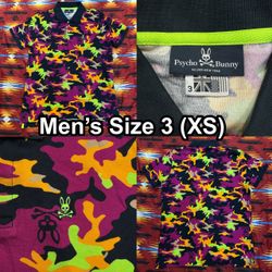 Psycho Bunny Polo Shirt Men’s Sz 3 (XS) Multicolor Camo Skull Bunny Graphic Logo