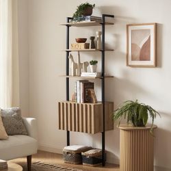 mopio Norwin Ladder Book Shelf, Wall Bookshelf, Farmhouse Industrial Bookcase, Narrow Slim Organizer Display Shelves, Living Room, Bedroom (3-Tier She