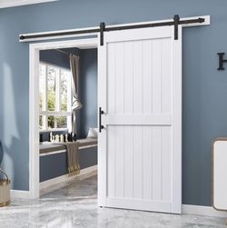 EaseLife 42 X 84 Inch White Barn Door With 7FT Sliding Door Hardware Kit Included & Handle, Solid Wood Covered With Waterproof PVC Surface, DIY Assemb
