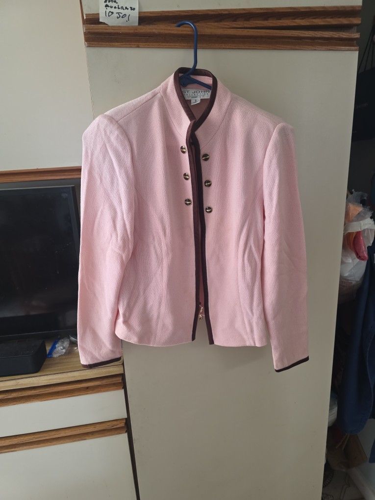 St. John Collection by Marie Gray Light Pink Brown Trim Knit Jacket Size:4