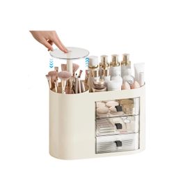 Makeup Organizer with 3 Drawers,Automatic Lifting Makeup Brush Holder with Lid,Large Capacity Makeup Organizers for Vanity,Bathroom Countertop,Ideal S